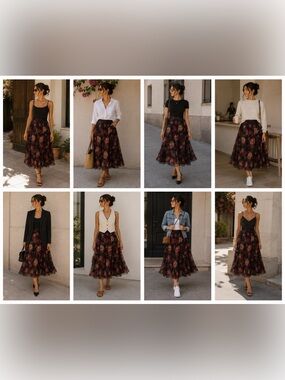 Floral Midi Skirt in Black and Burgundy